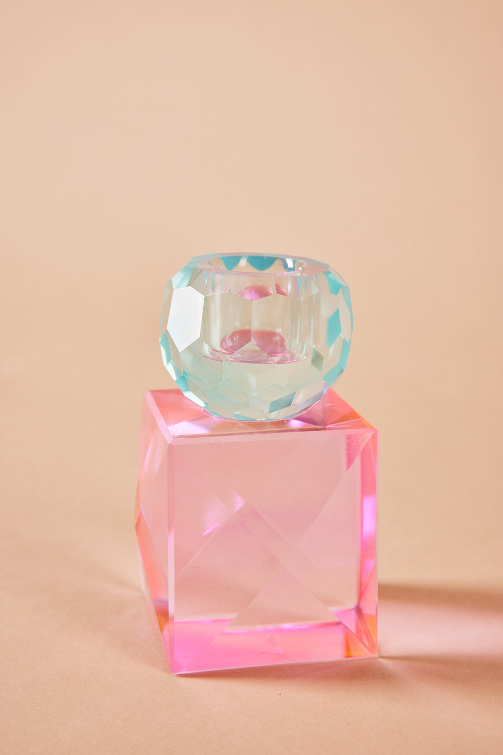 Krystal lysestage - blå/rosa